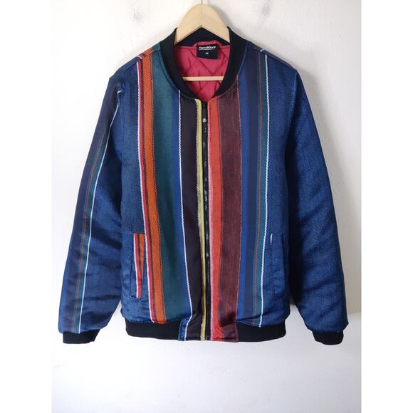 FreshHoods Men's Blue & Red Striped Full Zip Insulated Bomber Jacket Size M - Picture 1 of 11